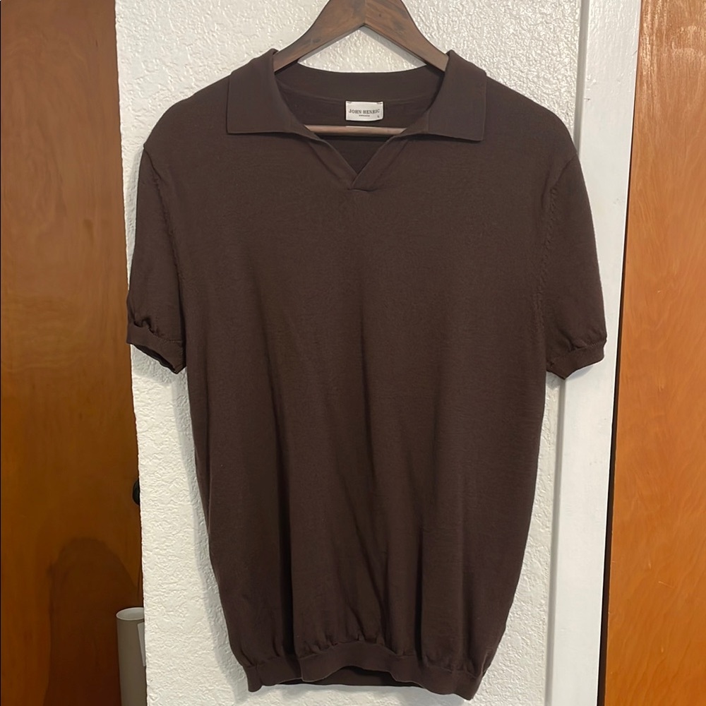 John Henric 100% Merino Wool Brown Open Collar Sweater Polo